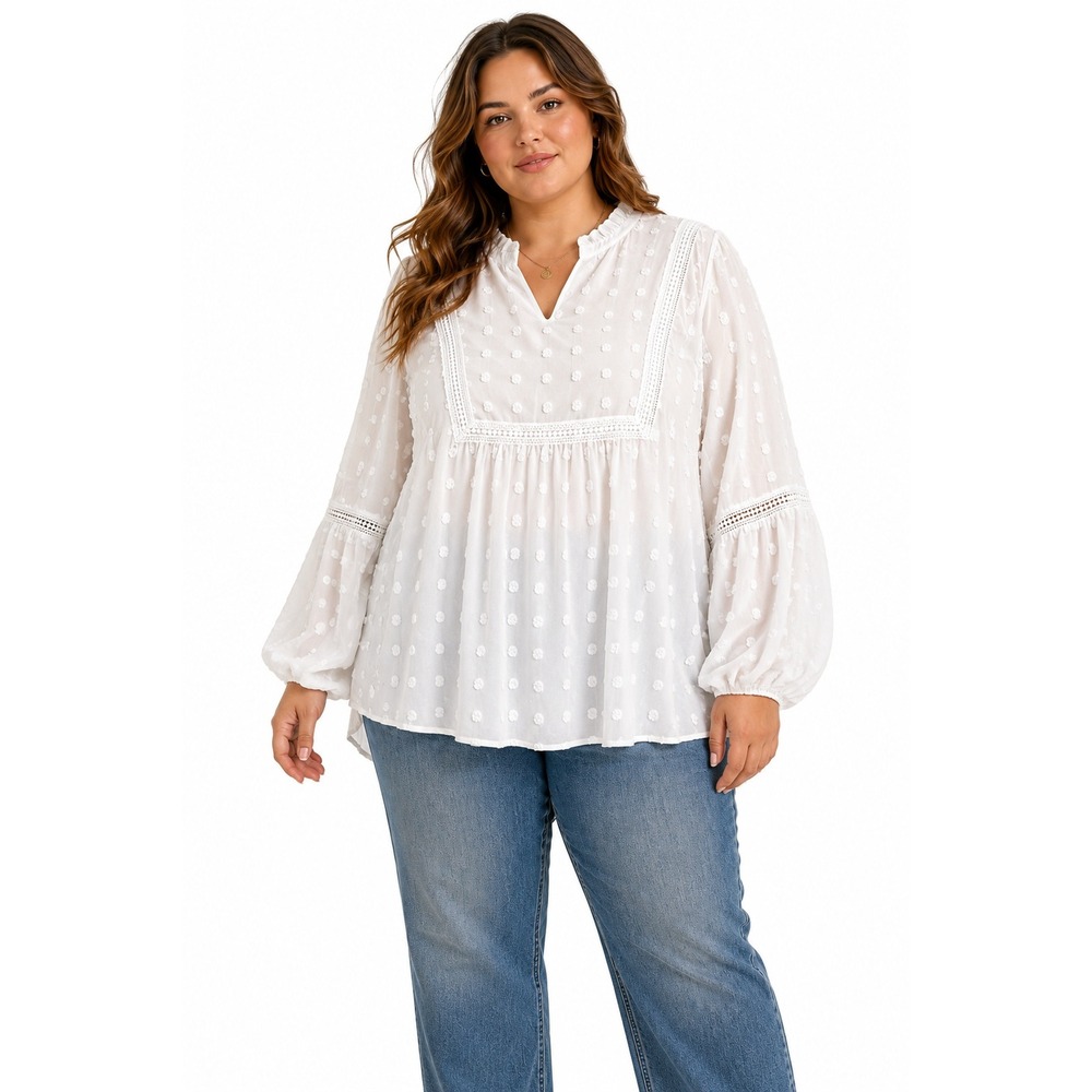 Swiss Dot Peasant Blouse 2XL White Lace Ruffle‎ Romantic Boho Cottagecore